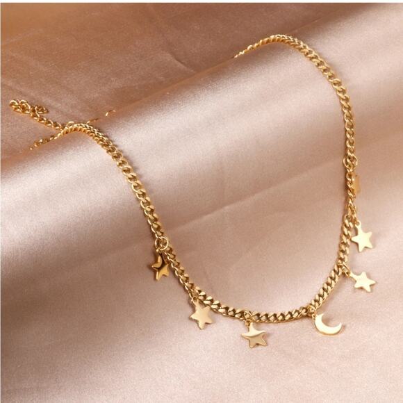 NEW 18K yellow gold plated Cuban chain boho star and moon necklace jewelry B 28A - Picture 4 of 10